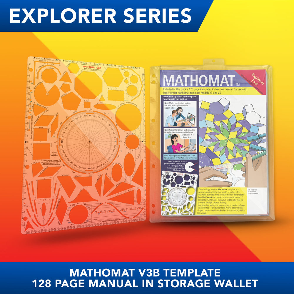 Mathomat V3B Geometry Template<br>with single scale protractor<br>(Explorer Pack) With 128 page illustrated student manual