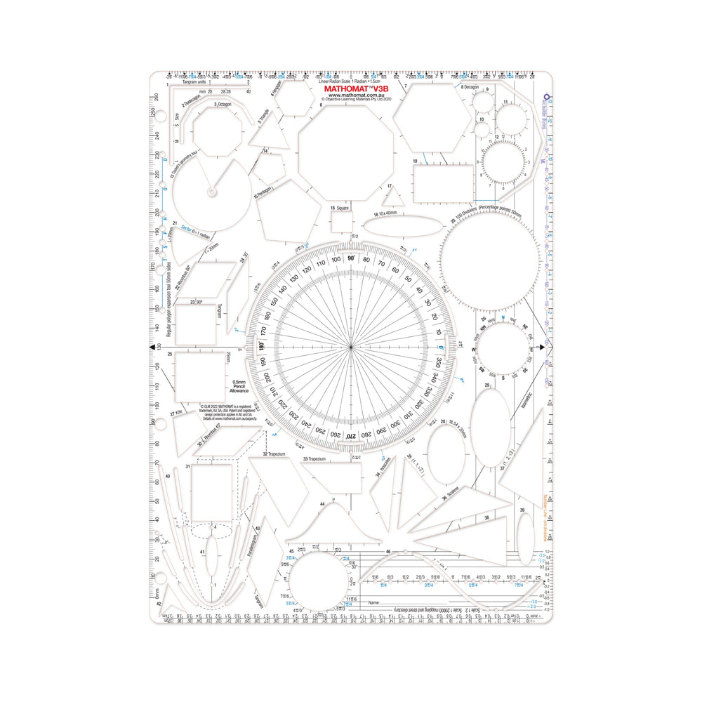 Mathomat V3B Geometry Template<br>with single scale protractor<br>(Explorer Pack) With 128 page illustrated student manual